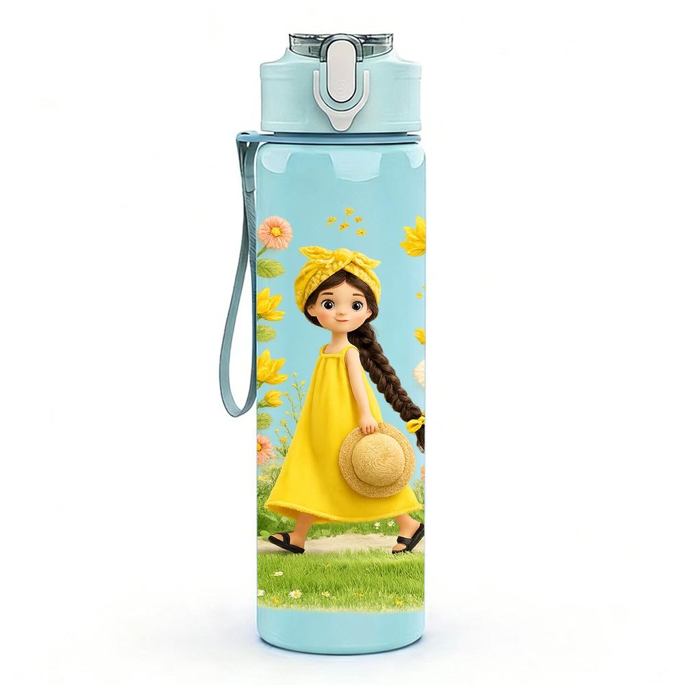 1PC Girl In Yellow Vintage Dress Print 750ml Color Plastic Sports Water Bottle Leakproof Flip Straw Lid Suitable for Sports Office Home Use