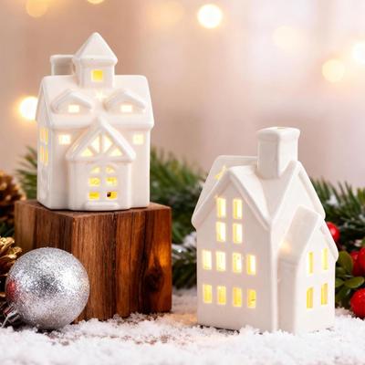 Christmas House Ceramic House With LED Light Christmas Centerpiece For Holiday Seasonal Display Indoor Tabletop Mantel Shelf