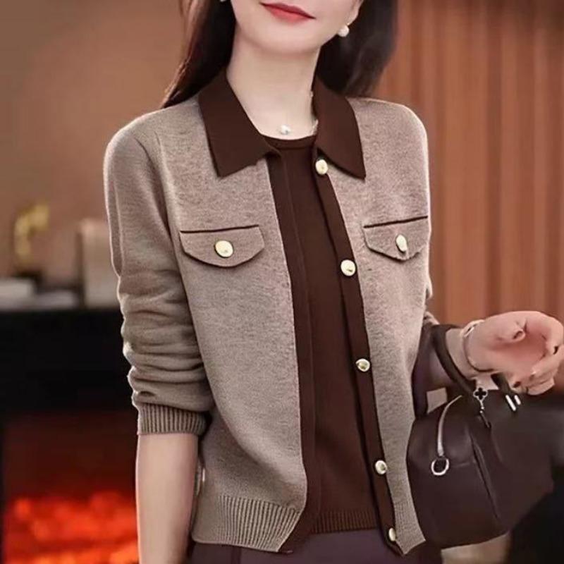 Fake Two-piece Color-blocked Sweater for Women Fashion Spring Autumn Outer Wear POLO Lapel Loose Short Knitted Top