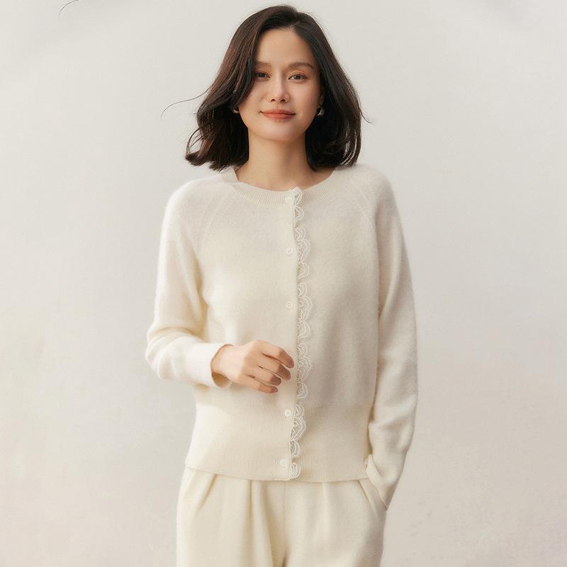 Women's Autumn Cashmere Round Neck Lace Knit Cardigan Sweater - Korean Style, Solid Color, Outerwear Option