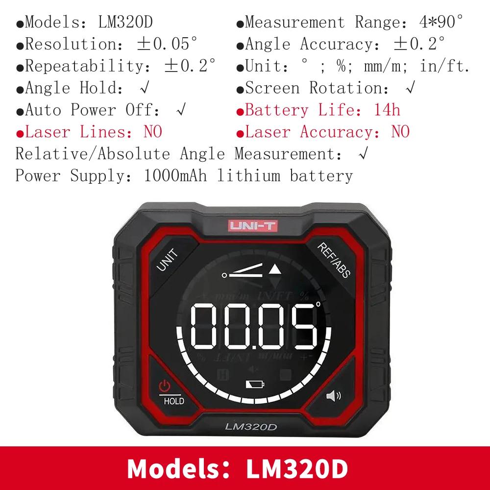 

UNI-T LM320D LM320E LM320F Digital Inclinometer Angle Gauge Laser Line Tilt Levelness Meter Relative/Absolute Measurement LM320D
