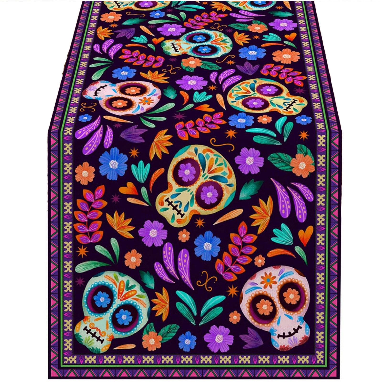 

Day of the Dead Table Runner with Skull and Ethnic Floral Patterns Decorative Table Cloth for Holiday and Festive Occasions 33x183cm One Size