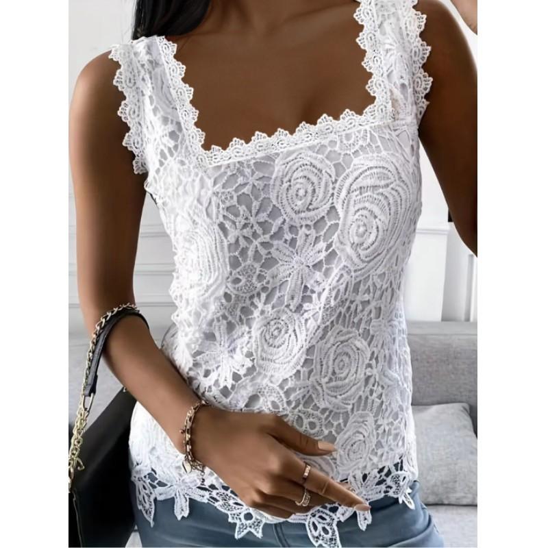 Women's Summer Square Neck Lace Sleeveless T-Shirt Plus Size Comfortable Solid Color Top