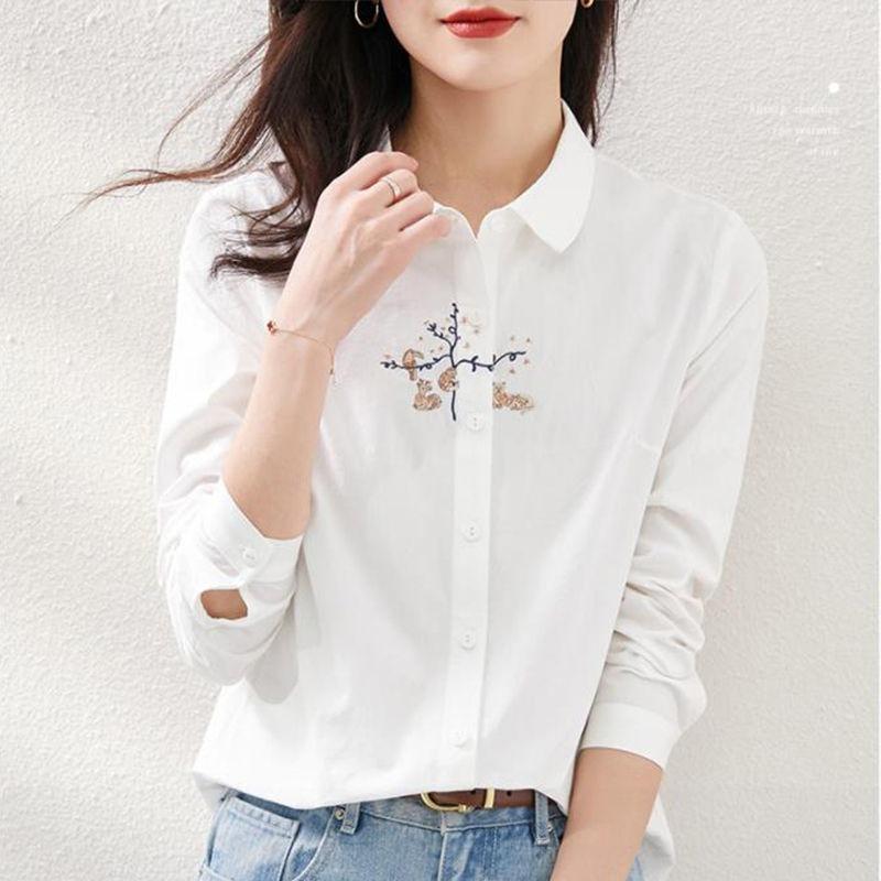 Spring Autumn Polo-neck Embroidery Casual Fashion Blouse Women Long Sleeve Elegant Fashion Cotton Shirt Top