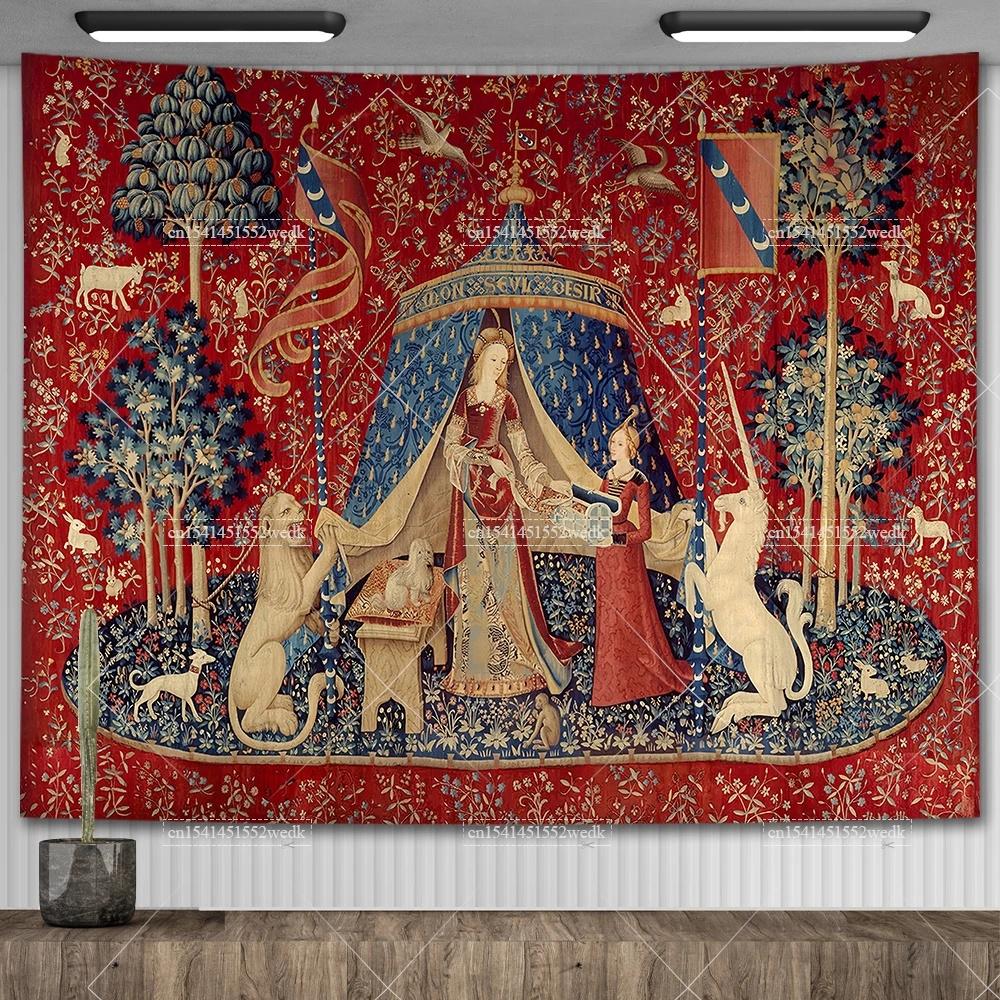 Гобелен «Леди и единорог» Средневековый гобелен Настенный гобелен Печатный домашний декор Гобелены Фоновое покрытие для комнаты Для кровати 230X150CM 90x60in