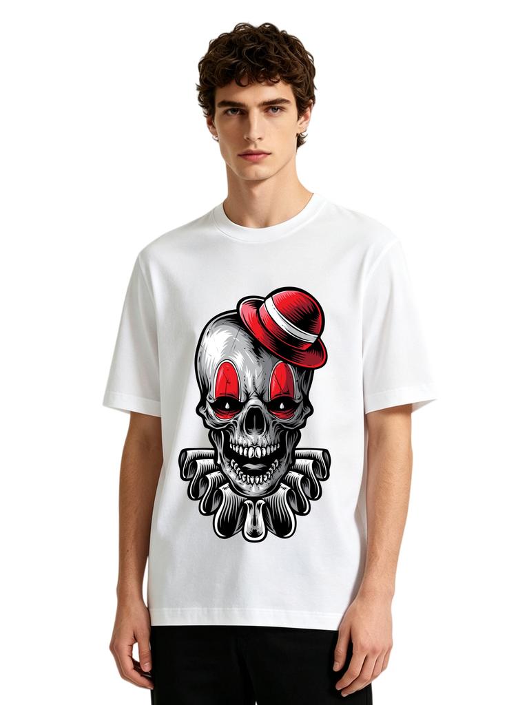 Mens Creepy Clown Skull Graphic Tshirt Retro Streetwear Print Casual Short Sleeve White Cotton Tee