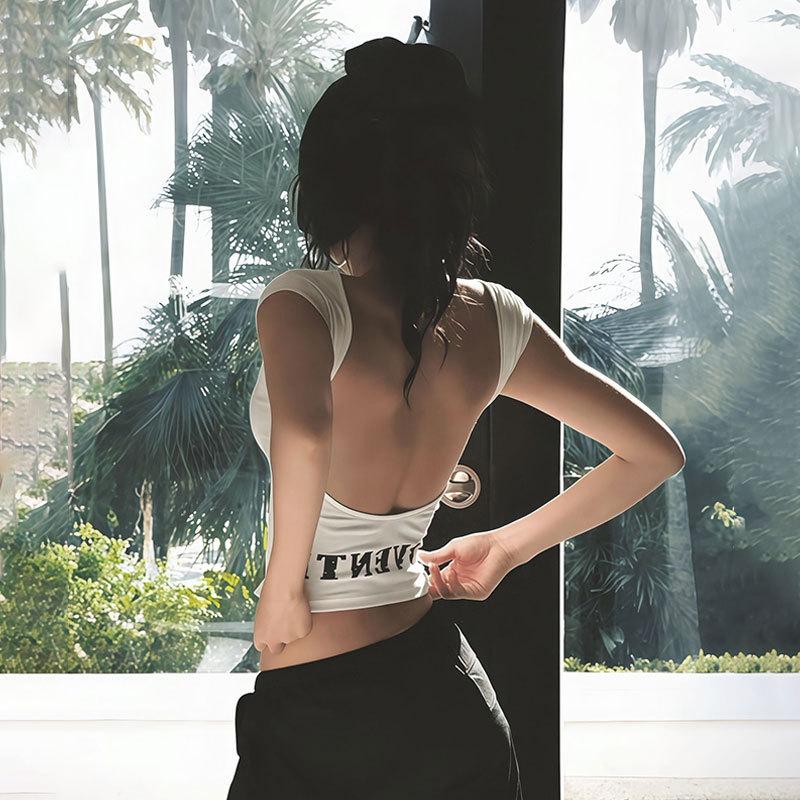 Women Cap Sleeve Crop Top, White Letter Print Open Back Slim Fit Y2K Sleeveless Backless Going Out Tank Top