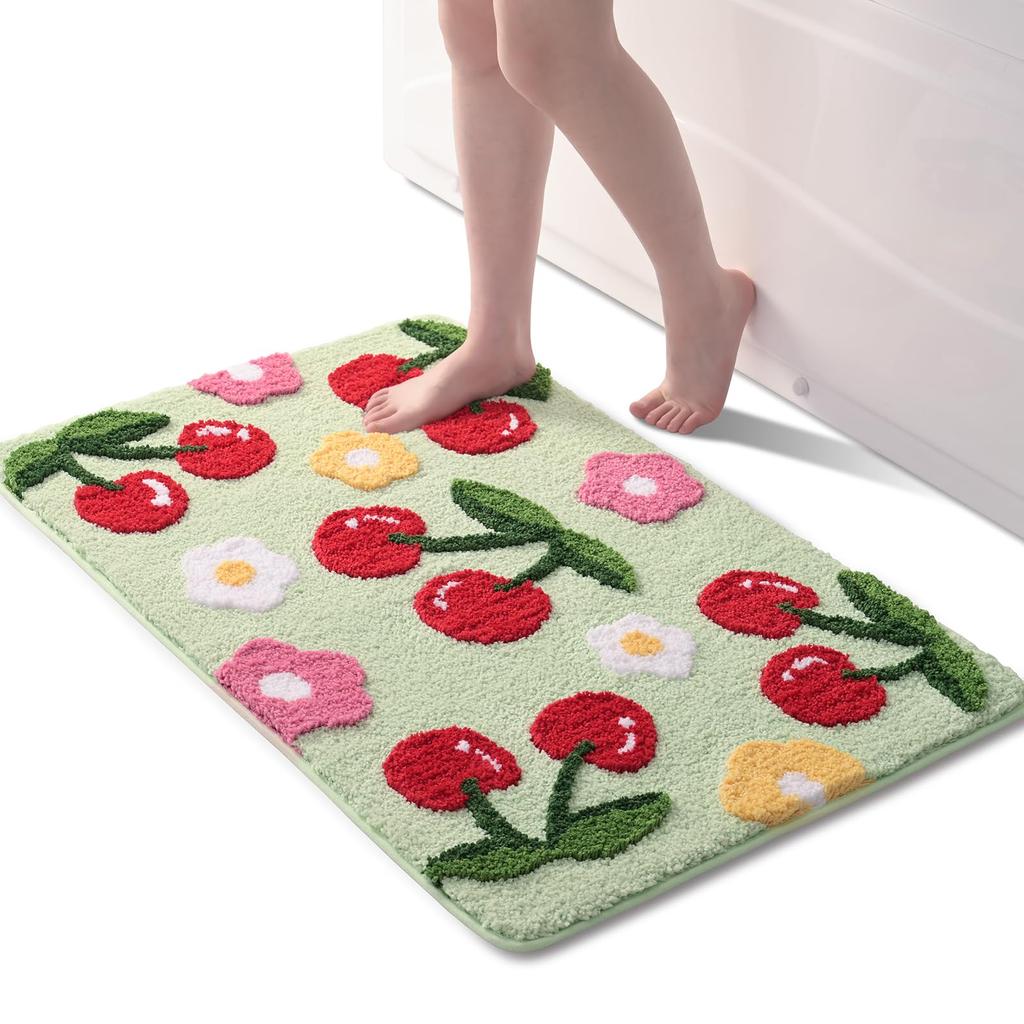 Beige Bathroom Rugs Cute Cherry Bath Mat Coloful Bathroom Accessories, Funny Flower Rug Non Slip Floor Mat, Machine