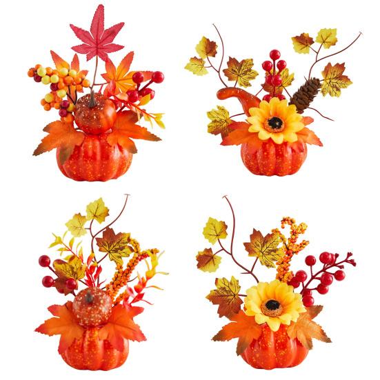 Rustic Autumn Floral Arrangement Fall Artificial Pumpkin Table Centerpiece, Fake Decoration with Sunflowers, Halloween Party Ornament Maple
