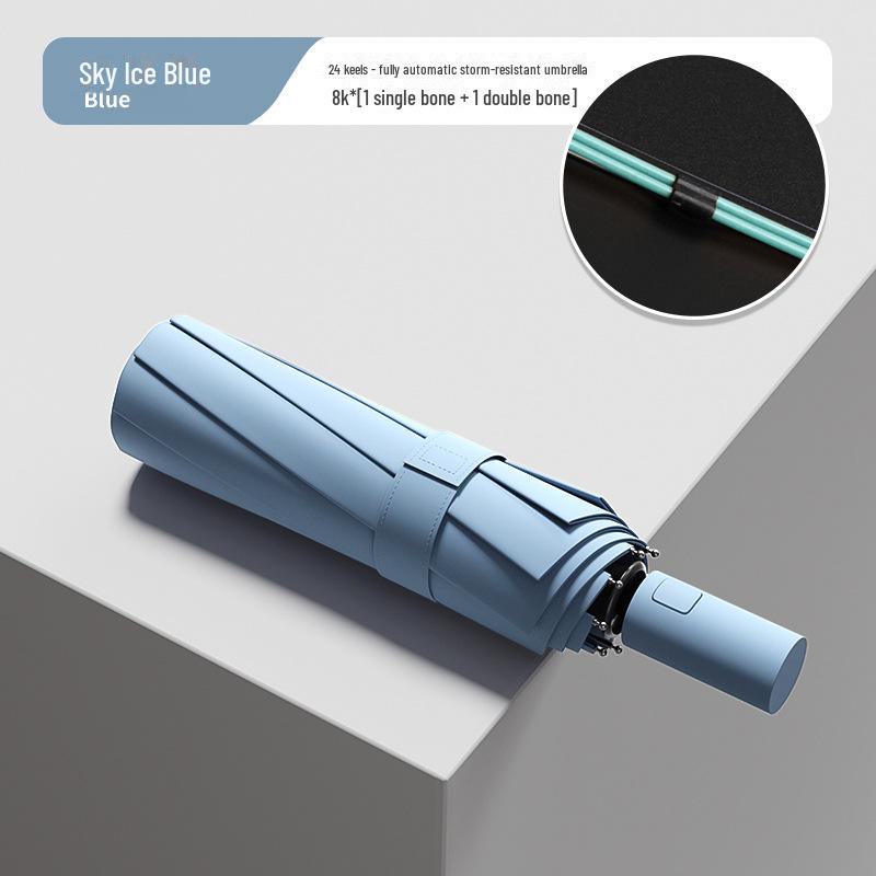 Black 16-Bone Automatic Three-Fold Dual-Purpose Umbrella for Sunny and Rainy Days - Large, Reinforced, Anti-Storm Design.