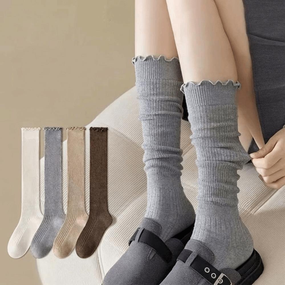 1Pair New Cotton Knee-high Socks Ruffled Edge Japanese Style Calf Socks Solid Color Sweat-absorbent Boot Socks Fall Winter