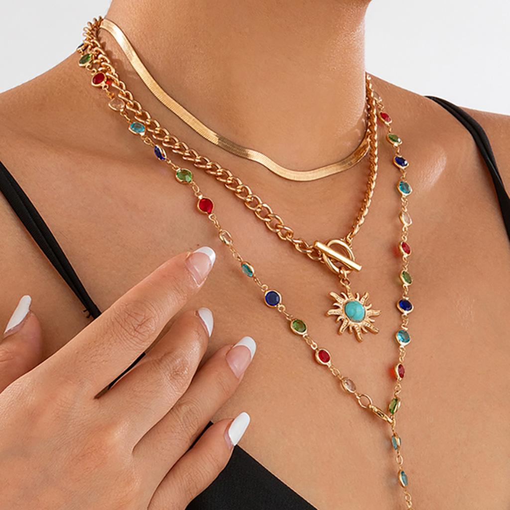 IngeSight.Z 3 Stück/Set Boho Bunt Kristall Lange Kette Sonnenblumen Anhänger Halskette Damen Einfach Flach Schlangen Kette Choker Schmuck
