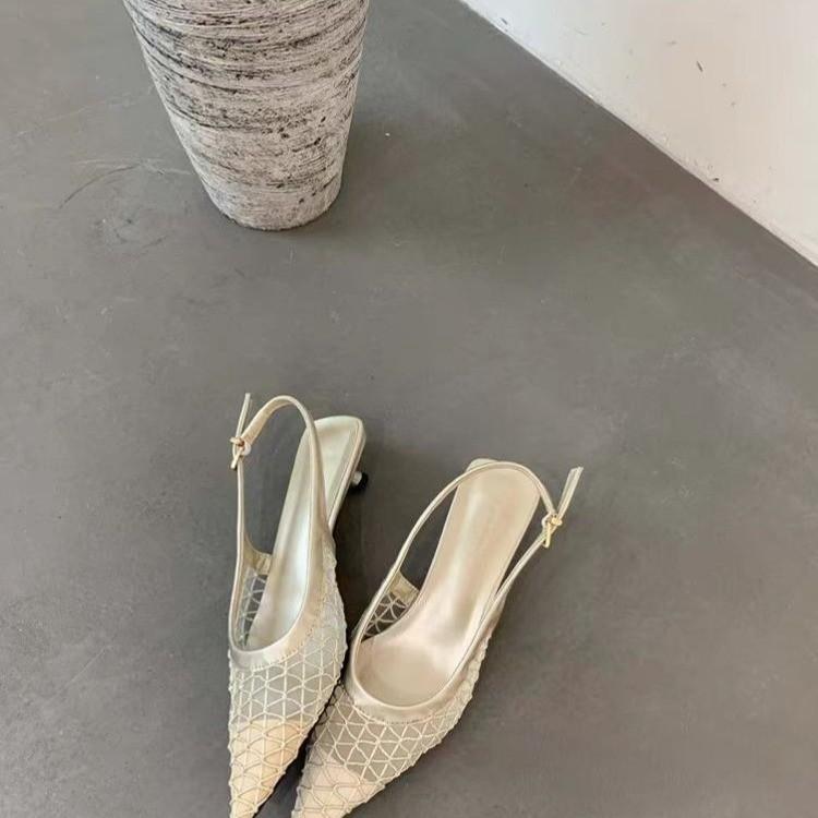 Low-heeled bag head sandals women's gentle nude pointed mesh lady thick heel back empty temperament single shoes