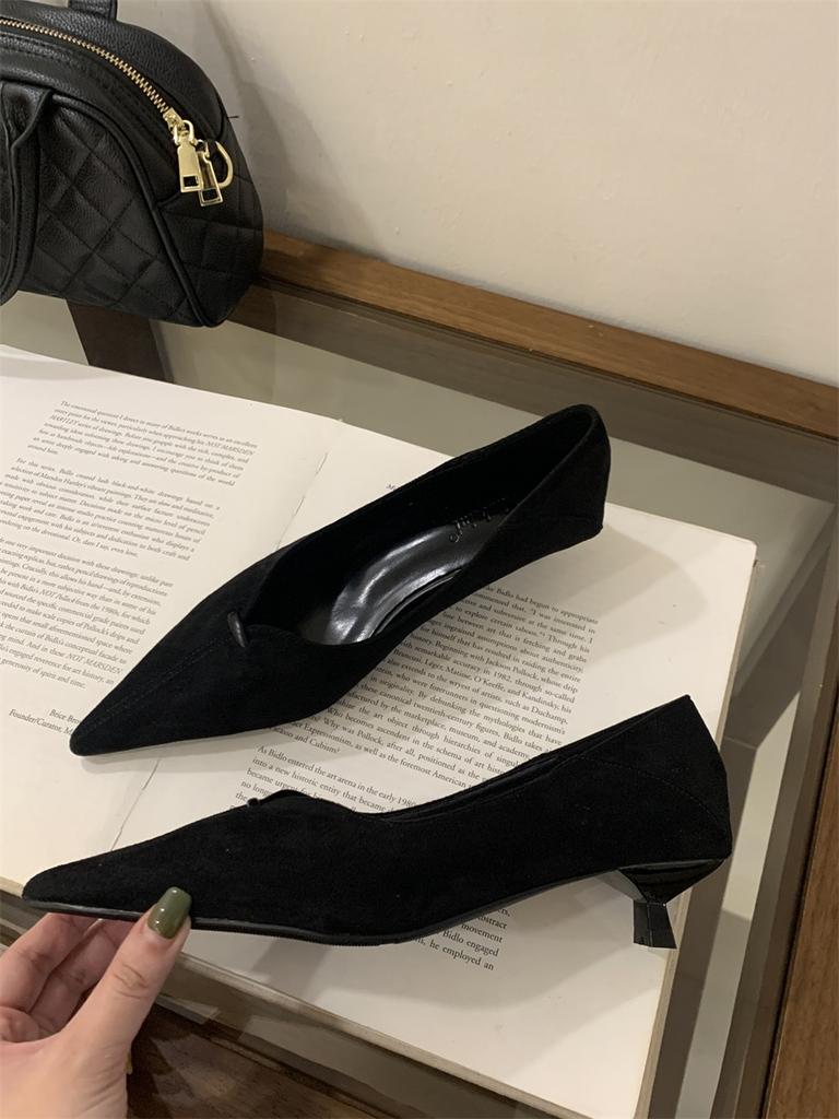 2025 New Pointed Suede Cat Heel High Heels Women's Thin Heel Shallow Mouth Single Shoes Autumn Versatile Professional Work Shoes