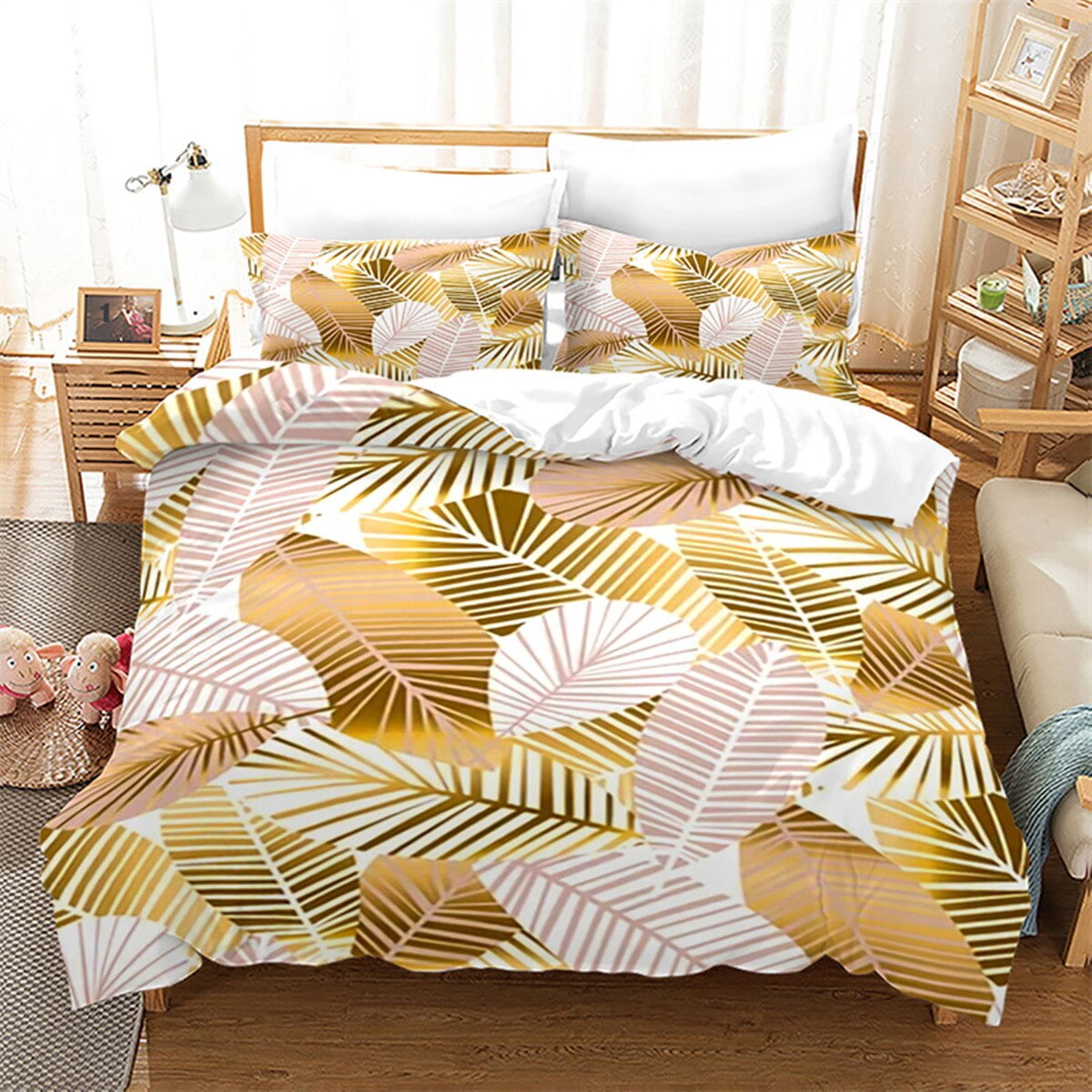 

High-End Premium Gold Floral Soft Duvet Cover Bohemian Leaves Exotic Geometric King for Children Adult People for Bedrom Decoration,Warm plus Soft 135*200cm Eu-Single
