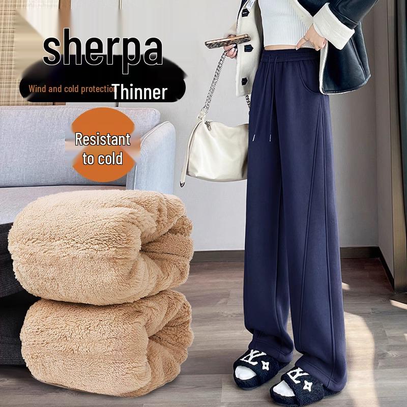Women's Fleece-Lined Wide-Leg Pants - Autumn/Winter 2024 Lamb's Wool Straight-Leg Sportswear