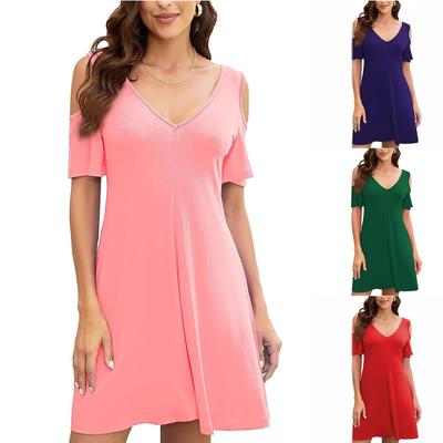 Damen V-Ausschnitt Trägerloses T-Shirt Kurzarm Sommer Einfarbig Lässige Modekleider