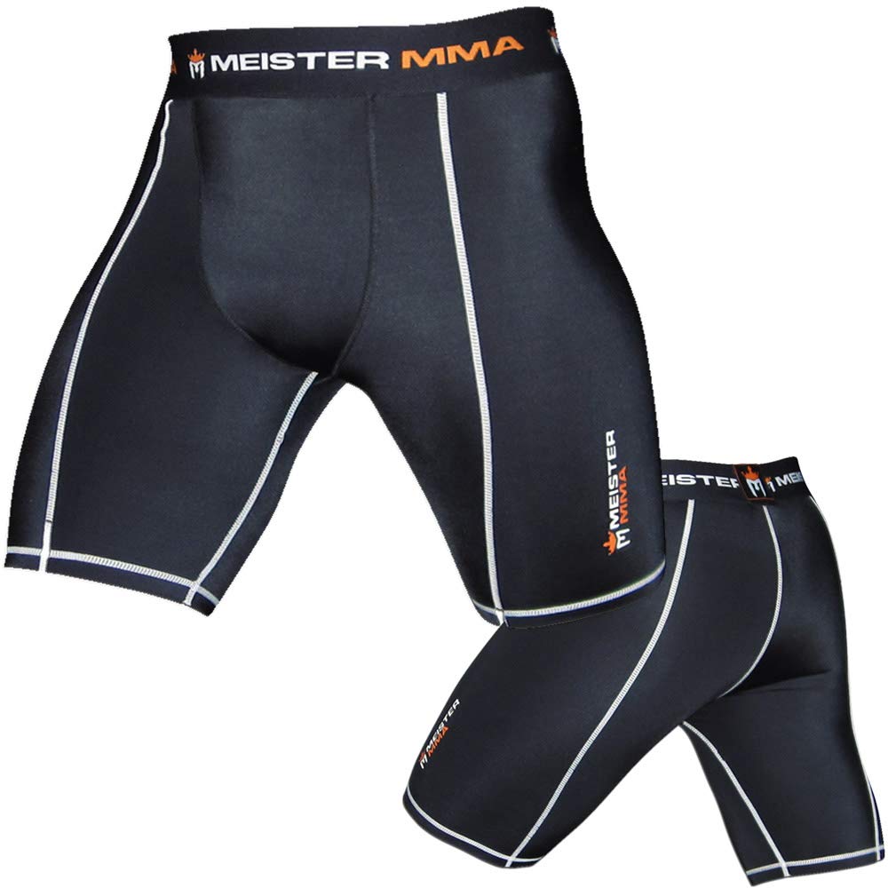 Authentic Meister Fight Shorts with Foul Cup Pockets for MMA and Kickboxing Black Medium - - (32-33)
