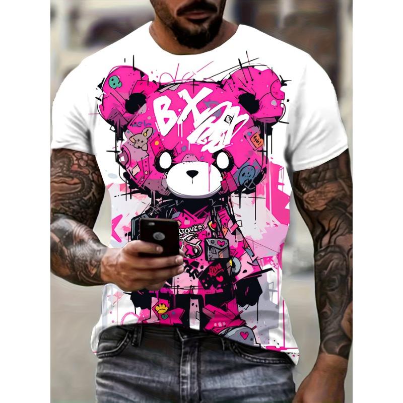 

Men s Summer Fashionable Casual Sportswear with Bright 3D Cartoon Bear Print Round Neck Shirt S білий