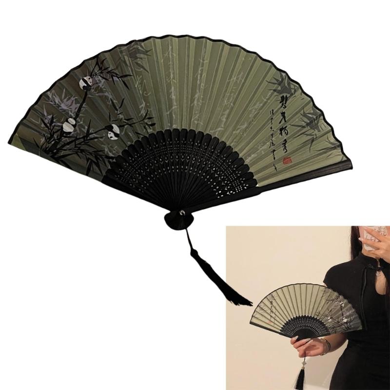Handheld Wood Fabric Fan With Chinese Traditional Painting Calligraphy Fan for Outdoor Use Dance Fan