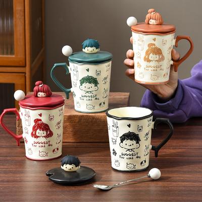 Taza de Agua Cerámica Graffiti Taza de Pareja Viento Gran Capacidad Taza Pintada a Mano con Tapa y Cuchara Para Regalar a Niñas Regalo