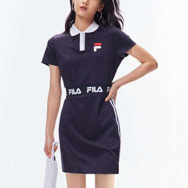Fila Logo Print Waist-Defining Sports Fashion Casual Short Sleeve Dress Women Dresses Legendary-Blue F11W138304F-NV