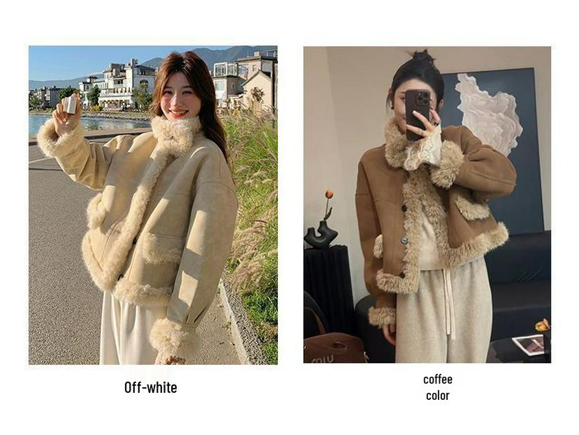 Korean Style Yellow Fur Coat: Women's Soft Petite Leather & Fur Cotton Winter Jacket