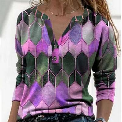 Women Autumn Long Sleeve V Neck Gradient Plaid Printed Pullover T Shirt Top