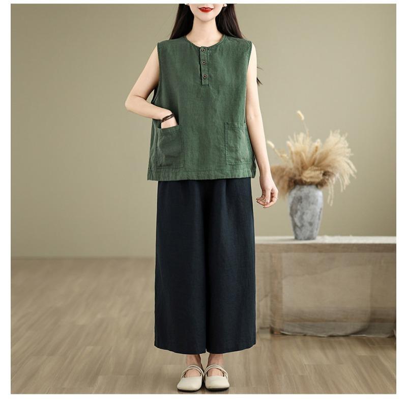 Women Vintage Cotton Linen Sleeveless Vest Button Design Loose Fit All Match Art Style Summer New Casual Tank Top