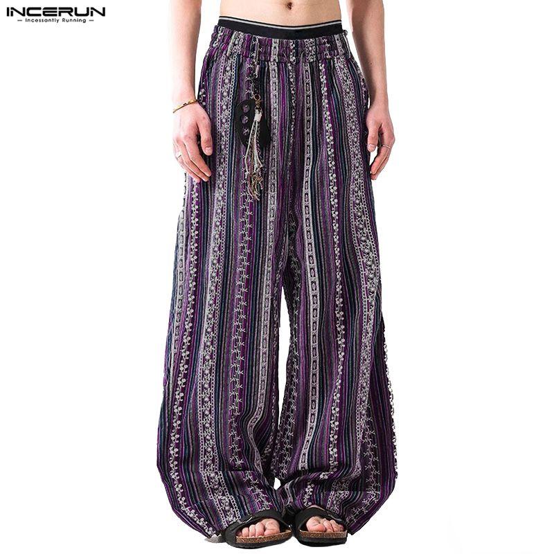 INCERUN Bohemia Men Elastic Waist Casual Long Floral Print Baggy Trousers Pants