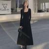 2024 Women's French Square Neck Long Sleeve A-Line Dress - Spring/Autumn Waist-Slimming Maxi