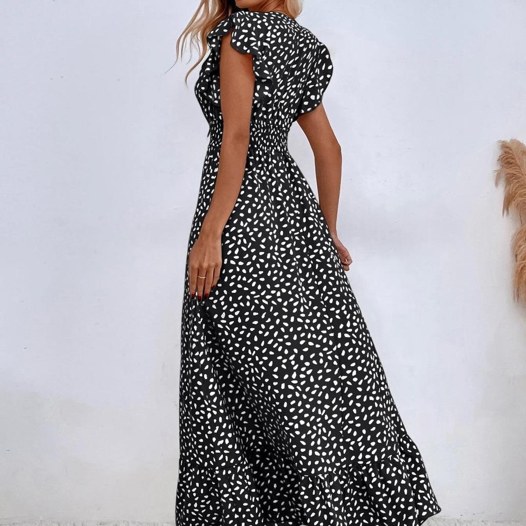 QICED Damen Frühlings- und Sommer-V-Ausschnitt Taille Voller Rock Rüschen Elegant Kleid Damen