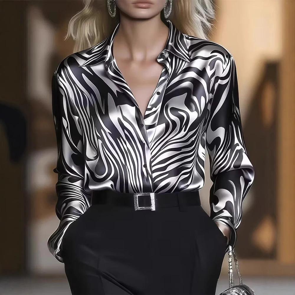Nieuw Hoge-elasticiteit Bedrukt Luipaardprint Lente-herfst Casual Loszittend Dames Knoop-down Blouse