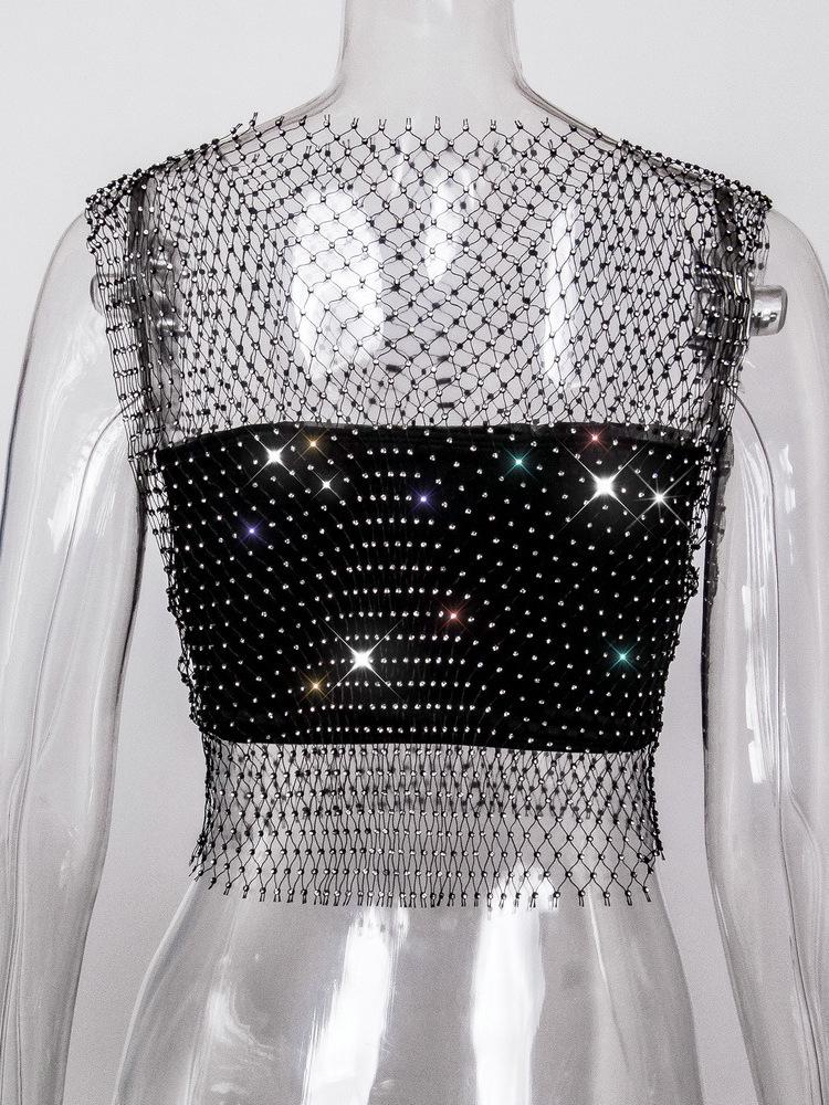 Sparkly Rhinestone Fishnet Round Neck Tank Top - Women's Summer Fashion