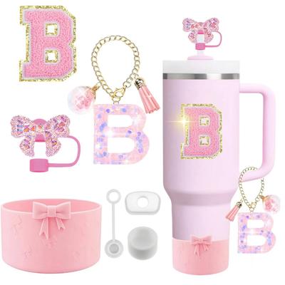 7 STÜCKE Rosa Zubehör für Stanley Cup 30/40 oz Becher mit Griff Schleife Strohhalm-Aufsatz Abdeckung Kappe Manschette Initialen Anhänger Buchstabenaufkleber