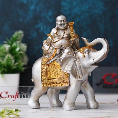 Silver Golden Resin Laughing Buddha Statue Seating On Elephant Figurine Showpiece for Home Decor Living Room Bedroom