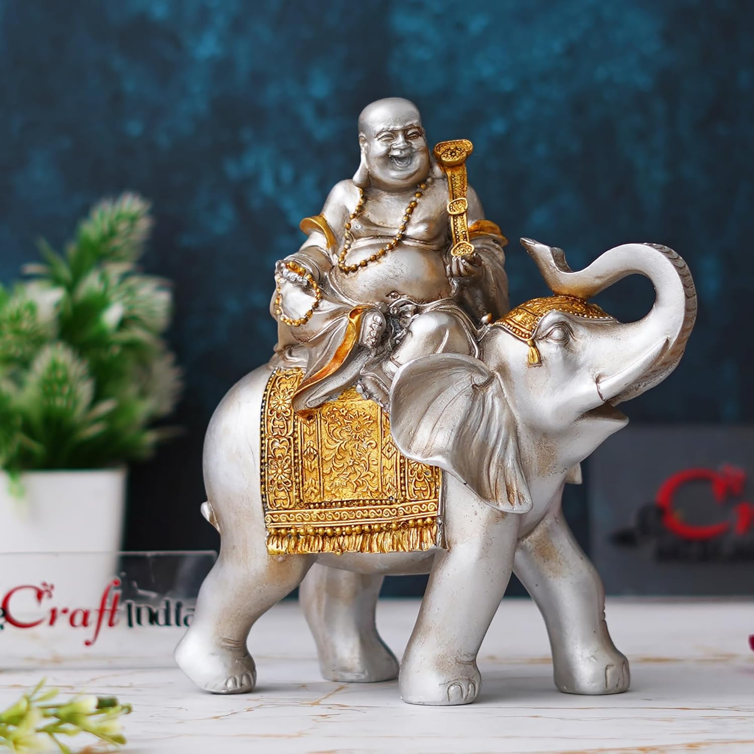 

Silver Golden Resin Laughing Buddha Statue Seating on Elephant Figurine Showpiece for Home Decor Living Room Bedroom Onesize