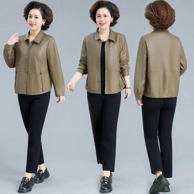 Leather Jacket Women's New Middle-aged and Old Mother Outfit Spring and Autumn Coat Thin Short Leather Jacket Top