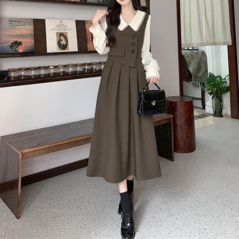 Spring Autumn Elegant Fashion Fake Two Pieces A-line Dress Ladies Long Sleeve Vintage Patchwork Robe Vestidos