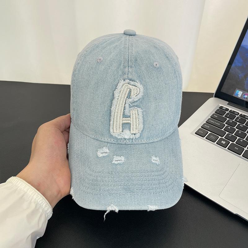 

Washed ripped denim baseball cap women s summer retro letter versatile sun hat men s and women s peaked caps