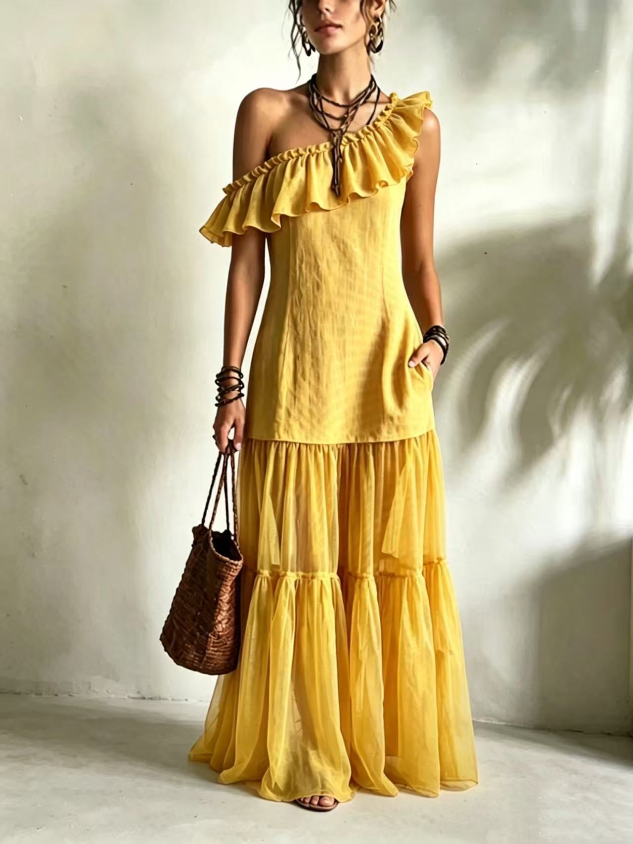 2026 new sleeveless diagonal neck ruffle edge women s dress S