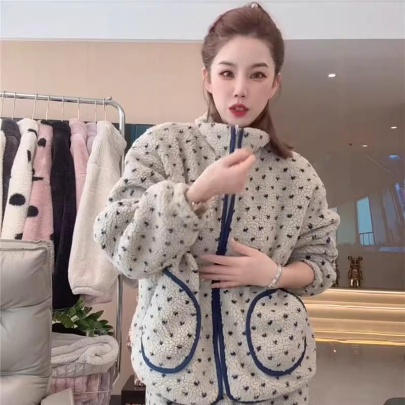Women s Winter 2025 Thickened Stand Collar Pajama Set - Lamb Wool, High-End, Outdoor Wear Large