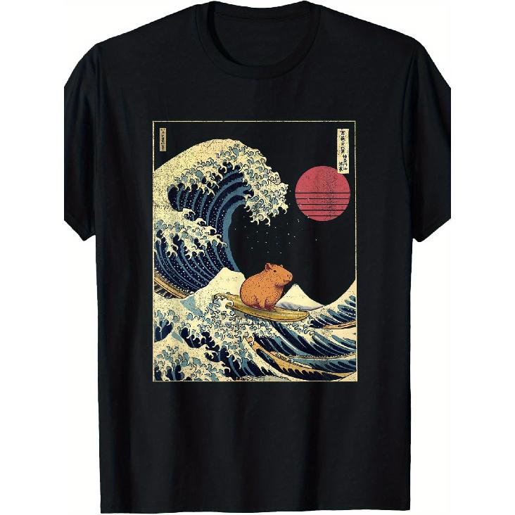 Men S Funny Surfing Capybara & Japanese Kanagawa Great Wave off Kanagawa Anime Graphic T-Shirt - Hokusai Wave Design with Capybara Surfing - Loose S