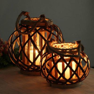 Living Room Tealight Holder Hanging Windproof Crafts Festival Home Decor Round Wedding Vintage Wooden Wicker Lantern Candlestick