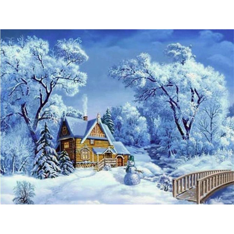 5D DIY Diamond Painting Landscape Winter House Full Round Rhinestone Embroidery Cross Stitch Kit Mosaic Picture Decoration Gift