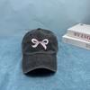 Embroidered Sweet Bow Baseball Hat Women's Pink Korean Washed Cotton Hat Top Summer Outdoor Elastic Back Ponytail Sun Hat