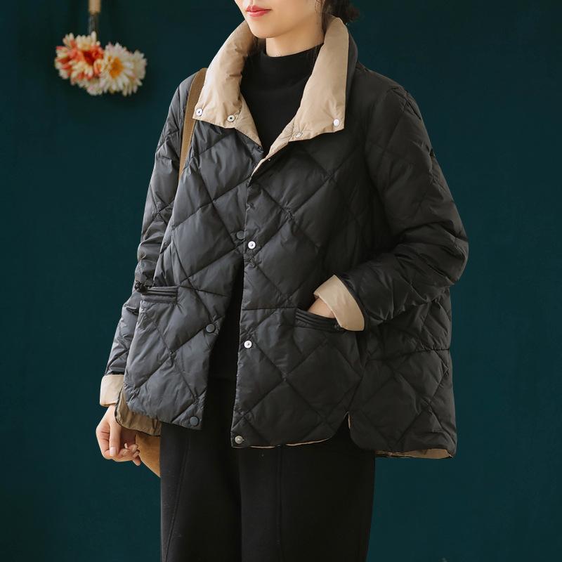 

Осенне-зимний вариант, воротник-стойка, карманы с пряжками, А-образная накидка, свободная ромбовидная сетка, теплая пуховая куртка, подходящая по цвету, женская куртка M чёрный