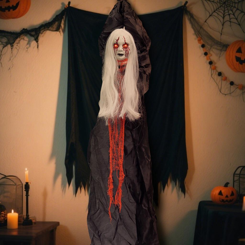 Halloweenská dekorace Závěsná čarodějnice kostra , Strašidelná létající pro venkovní halloweenské dekorace, Ponurý žnec se svítícíma očima pro dekoraci strašidelného domu, Pati