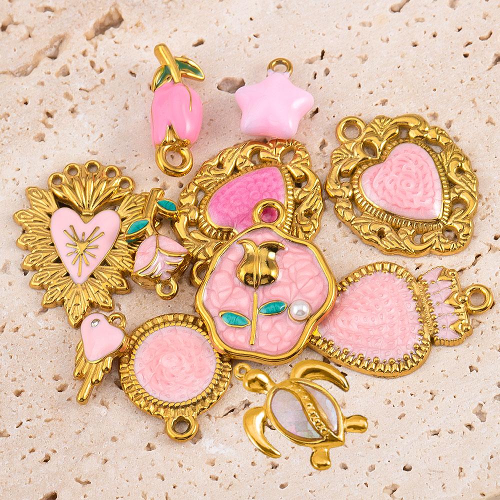2pcs Stainless Steel Charms Retro Pink Enamel Rose Flower Heart Necklace Charm for DIY Earring Jewelry Making Pendant Supplies