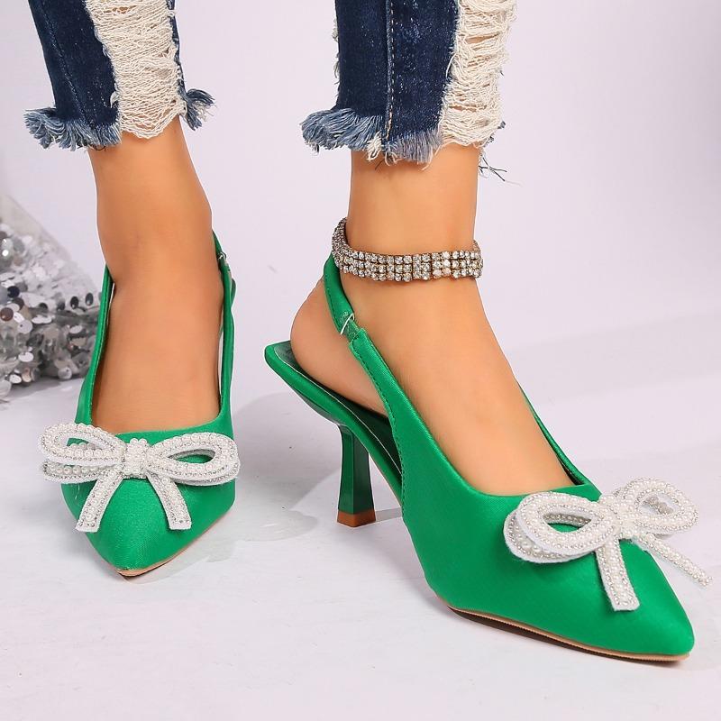 Plus Size Women Pointed Toe Pearl Bow Stiletto Buckle Back Strap High Heel Sandals